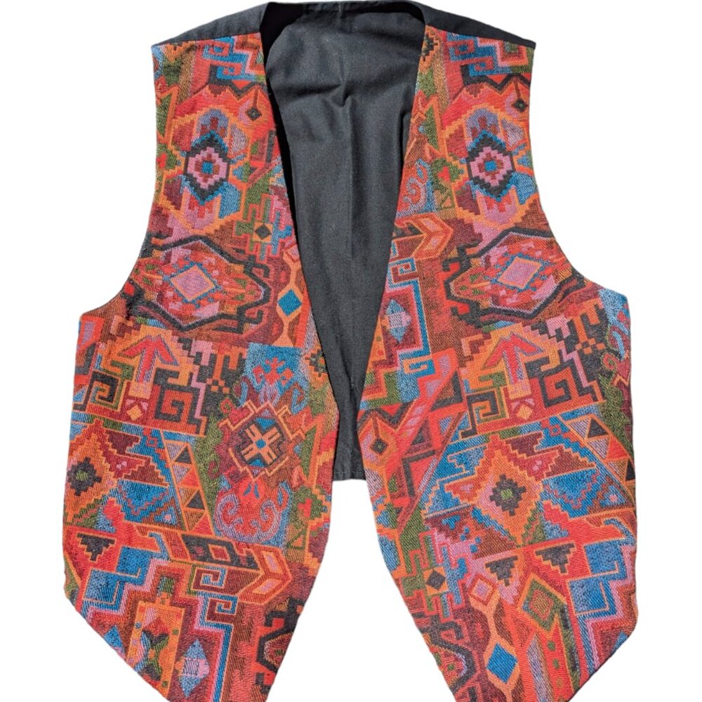 Western Tapestry Vintage Vest with Leather Back Tie and Silver Concho